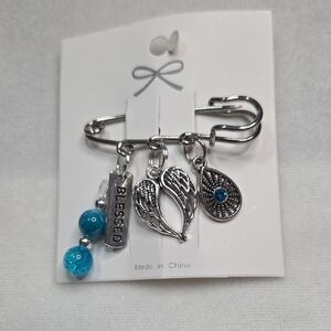 Hand Crafted Silver Kilt Pin Brooch Blue Silver Beads Angel Wings Charm Unique